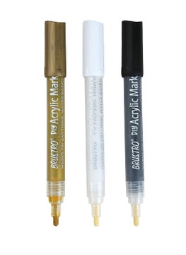 BRUSTRO BRUSTRO Acrylic (DIY) Marker Set of 3 - Black, White & Gold |Tip Size - 2mm, Water-resistant,Matte Finish,UV resistant,Non-toxic Colours|Ideal for Craftworks, Works on Glass & Plastic, School Projects  - Image 3
