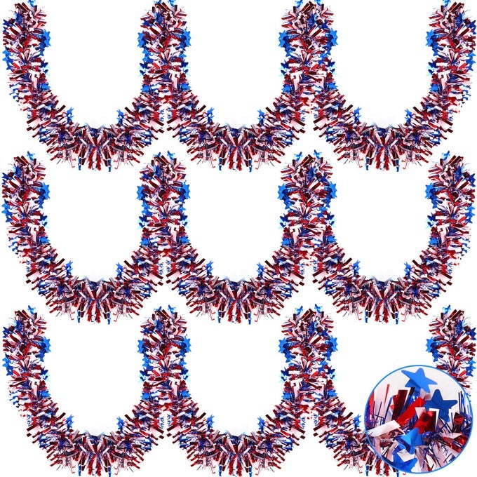 4TH OF JULY METALLIC TINSEL TWIST GARLAND PATRIOTIC SHINY GARLAND MEMORIAL DAY CLASSIC STAR HANGING SUPPLIES FOR INDEPENDENCE DAY PARTY INDOOR OUTDOOR HOME DECORATIONS 3 PCS 197 FEET