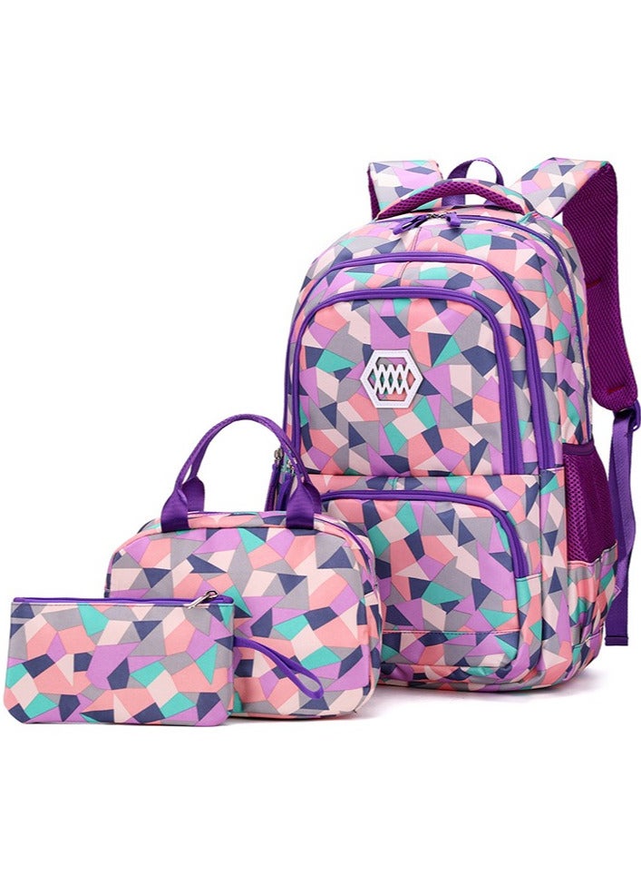 AUTOYSUR Geometric-Print Backpack and Lunch-Bag Set for Girls-Boys Middle-School Elementary Bookbags, 3Pcs School Bag with Lunch Bag Pencil Case (Large-Purple) - Image 1