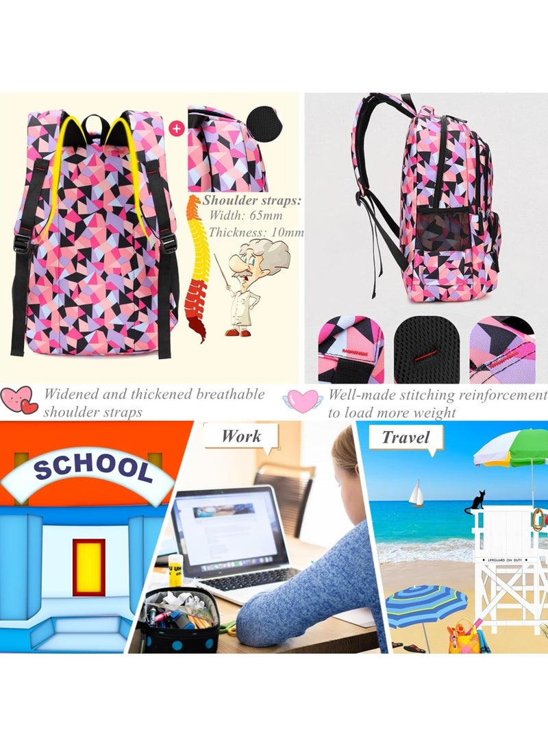 AUTOYSUR Geometric-Print Backpack and Lunch-Bag Set for Girls-Boys Middle-School Elementary Bookbags, 3Pcs School Bag with Lunch Bag Pencil Case (Large-Purple) - Image 4