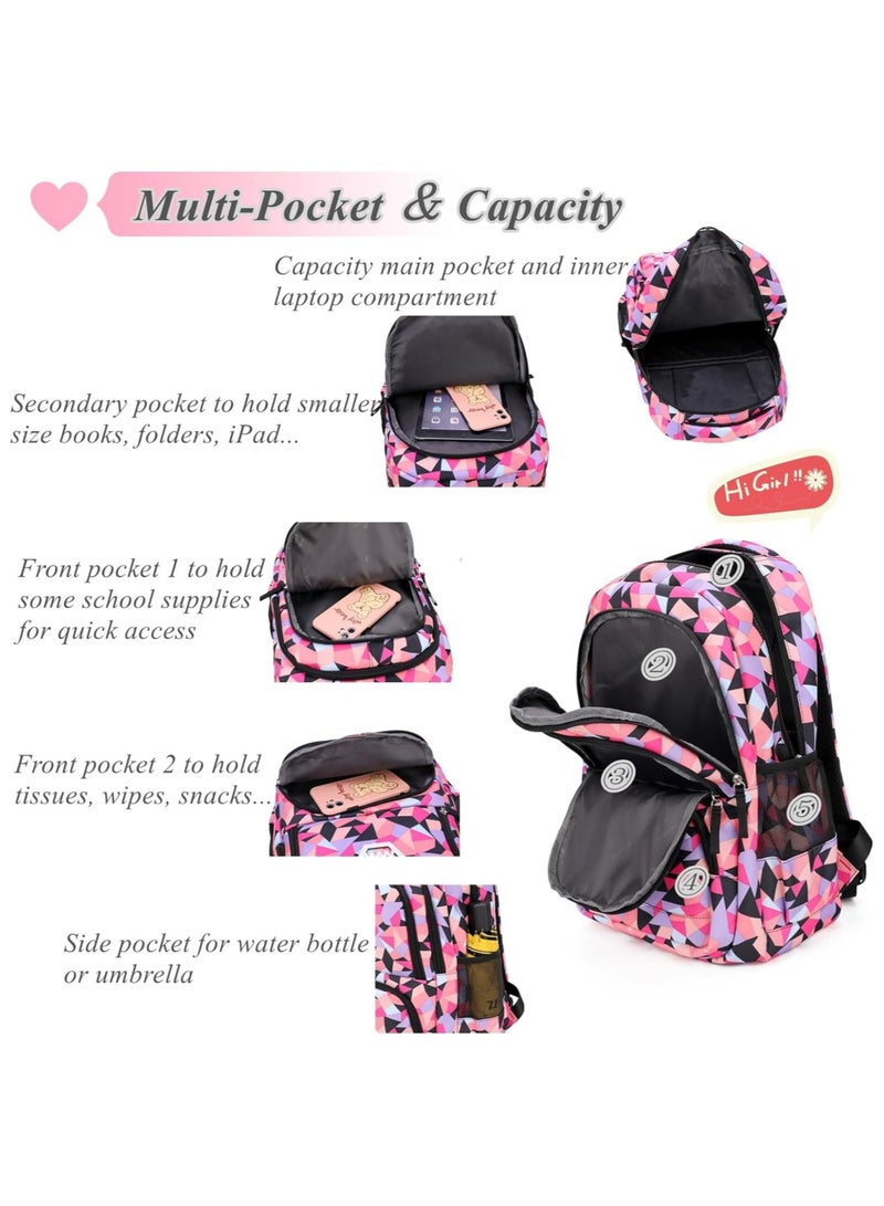 AUTOYSUR Geometric-Print Backpack and Lunch-Bag Set for Girls-Boys Middle-School Elementary Bookbags, 3Pcs School Bag with Lunch Bag Pencil Case (Large-Purple) - Image 3