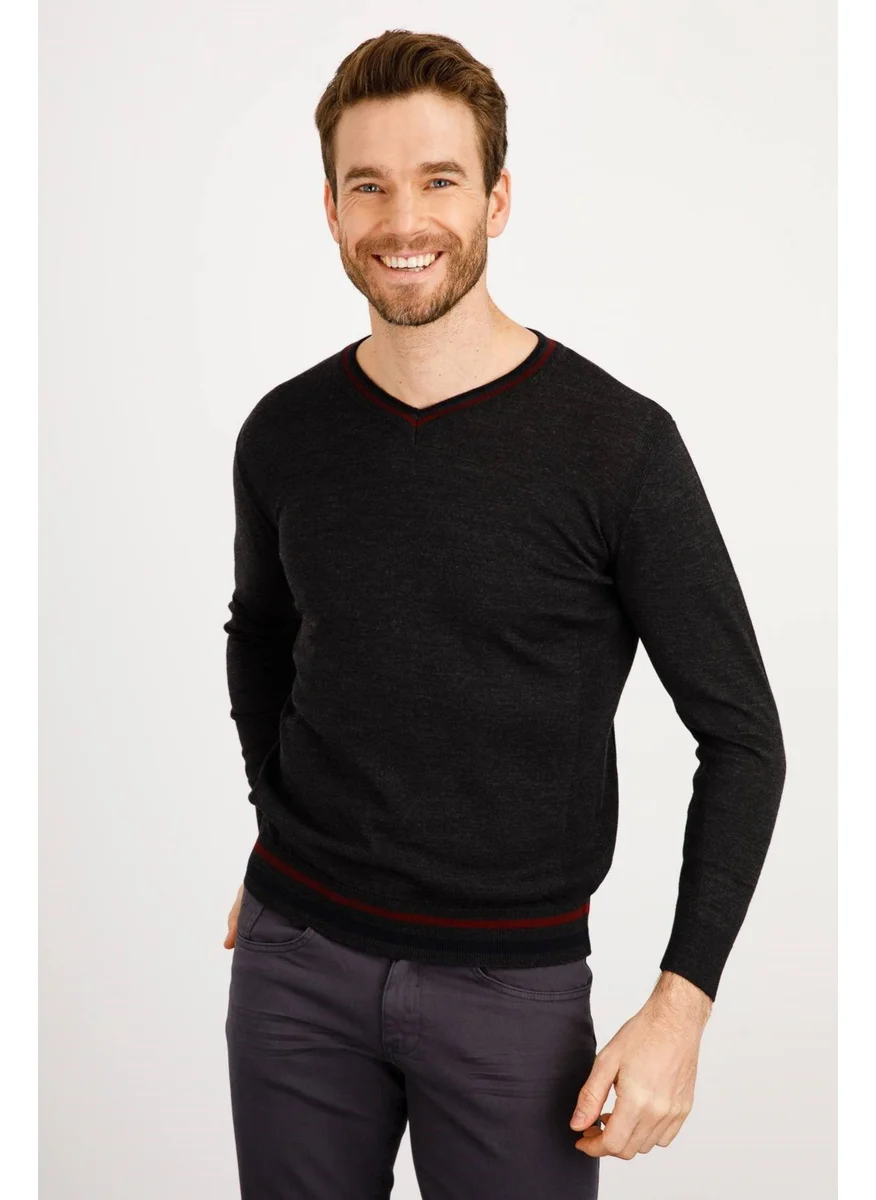 Desen Triko Pattern Knitwear Men's Collar Edge Striped V Neck Wool Sweater 02421613 Fumé