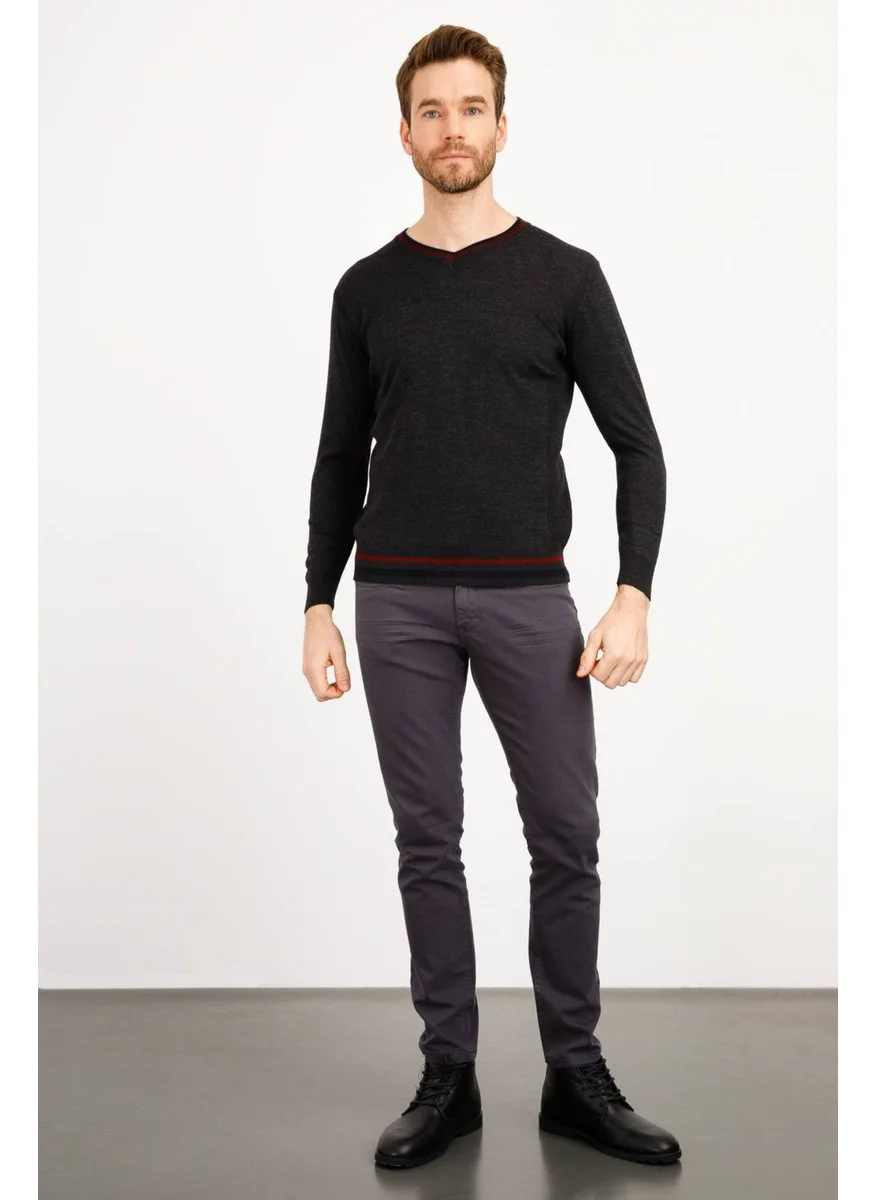 Desen Triko Pattern Knitwear Men's Collar Edge Striped V Neck Wool Sweater 02421613 Fumé