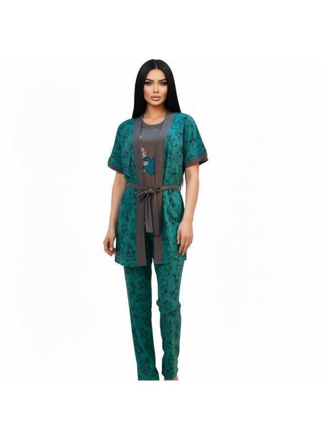 JOANNA Women's Short Sleeve Robe Cami & Trouser 3 Pieces Set  Sleepwear with Removable Waist Belt, Teal, XXL - Image 2