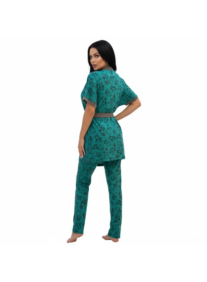 JOANNA Women's Short Sleeve Robe Cami & Trouser 3 Pieces Set  Sleepwear with Removable Waist Belt, Teal, XXL - Image 3