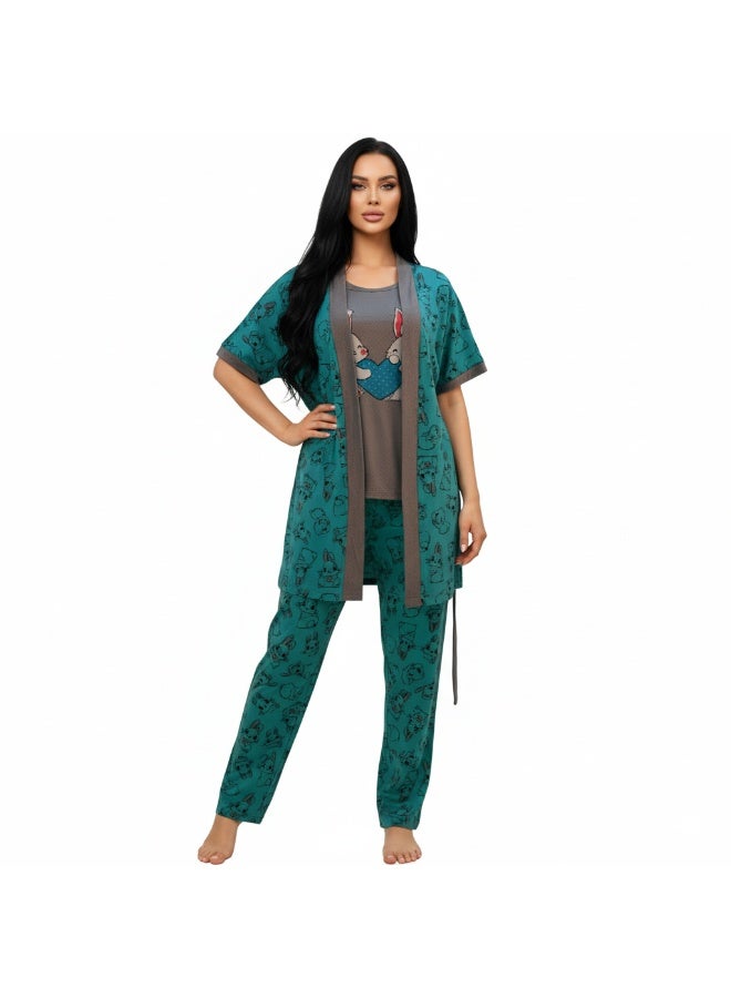 JOANNA Women's Short Sleeve Robe Cami & Trouser 3 Pieces Set  Sleepwear with Removable Waist Belt, Teal, XXL - Image 1