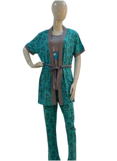 JOANNA JOANNA Women's Short Sleeve Robe Cami & Trouser 3 Pieces Set  Sleepwear with Removable Waist Belt, Teal  - Image 1