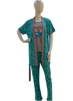 JOANNA JOANNA Women's Short Sleeve Robe Cami & Trouser 3 Pieces Set  Sleepwear with Removable Waist Belt, Teal  - Image 3
