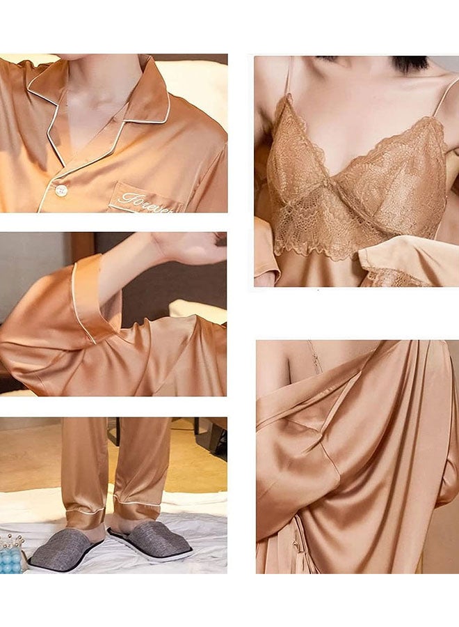 MARGOUN Summer Ice Silk XL Men Pajamas Large Women Lace Trim Robe Sets Home Service Suit Casual Couples Sleepwear Nightwear Gold - Image 5