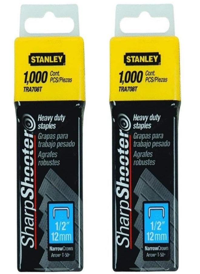 Stanley TRA708T Sharpshooter 1,000 1/2" 12MM steel narrow crown staples T-50 (2 Pack) 