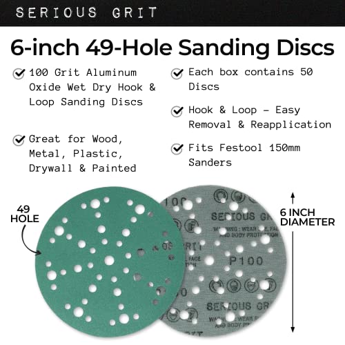 Serious Grit - 6-Inch 49-Hole 100 Grit Sanding Discs - Heavy-Duty Hook & Loop Film Discs - Sandpaper for Random Orbital Sanders - 50 Pack Box - Image 2