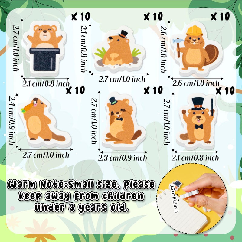 CJiangpo 60Pcs Groundhog Mini Erasers for Kids Bulk, 6 Styles Cartoon Pencil Rubber Eraser for Kids Classroom Prizes Groundhog Day Party Filler Favors Gifts - Image 2