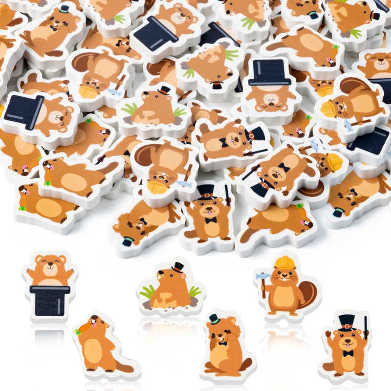 CJiangpo 60Pcs Groundhog Mini Erasers for Kids Bulk, 6 Styles Cartoon Pencil Rubber Eraser for Kids Classroom Prizes Groundhog Day Party Filler Favors Gifts - Image 1