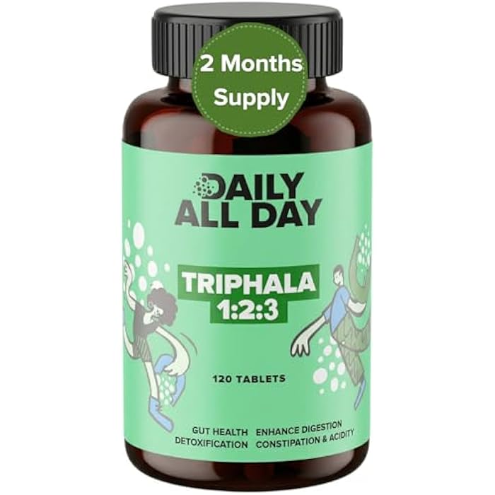 Daily All Day Triphala Tablets 1:2:3 Ratio, Organic Indian Origin Ayurvedic Gut Health & Digestive Support, Amla Haritaki Bibhitaki, 120 Tablets, 2 mth Supply, triphala Herbal Supplements - Image 1