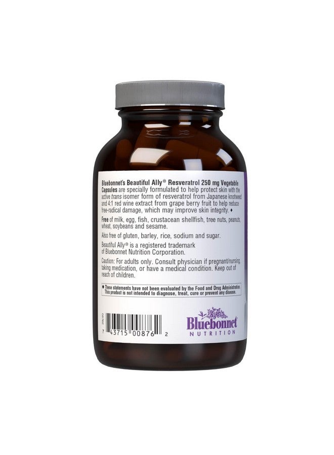 Bluebonnet Nutrition Beautiful Ally Resveratrol 250 mg, Protect Skin Integrity*, Non-GMO, Vegan, Gluten-Free, Soy-Free, Dairy-Free, 30 Vegetable Capsules, 30 Servings - Image 3
