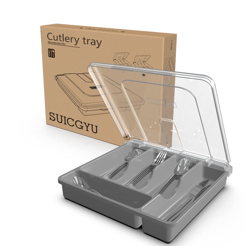 SUICGYU SUICGYU Silverware Organizer with Lid for Drawer Plastic Utensil Holder for Countertop Flatware Organizer Cutlery Tray with Cover 5 Compartments Gray 