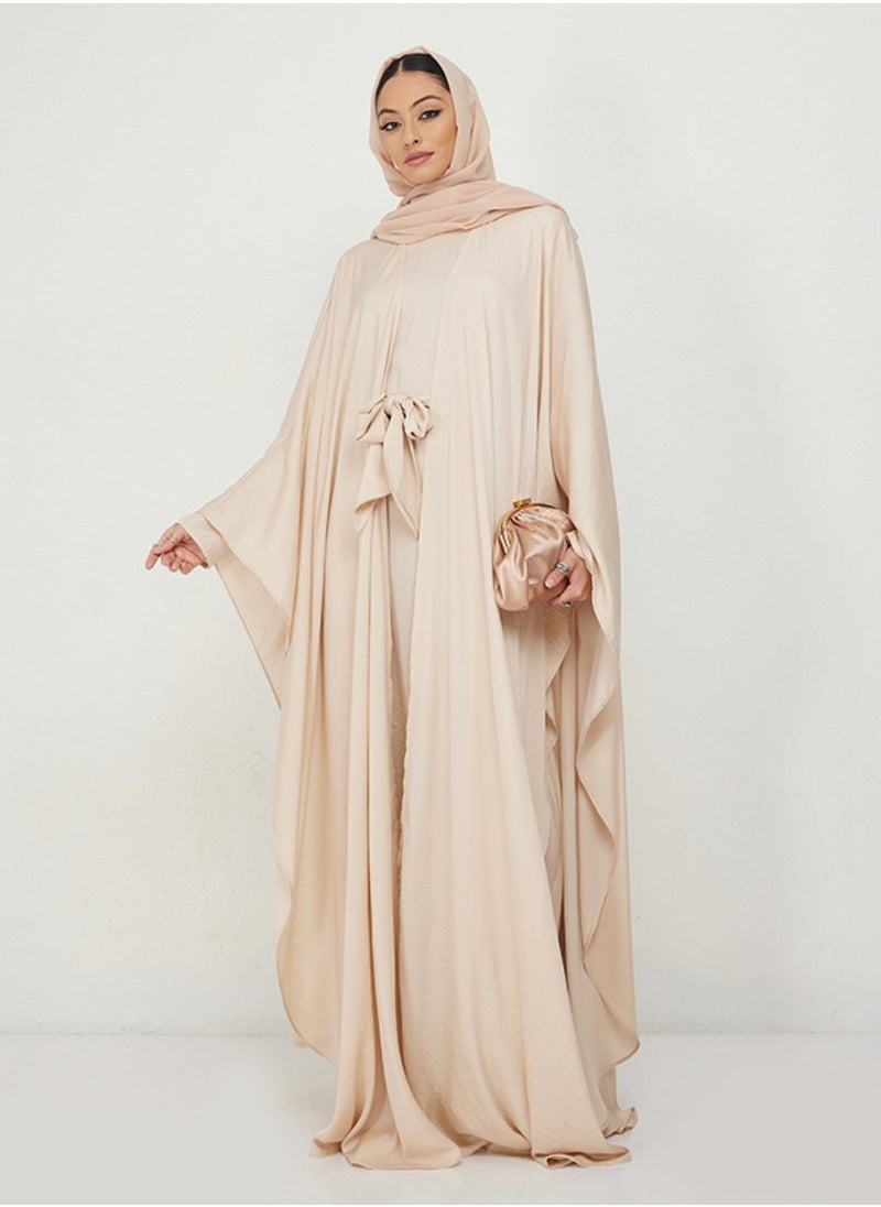 Rosette Abaya Beige abaya set with dress & abaya  - Image 4
