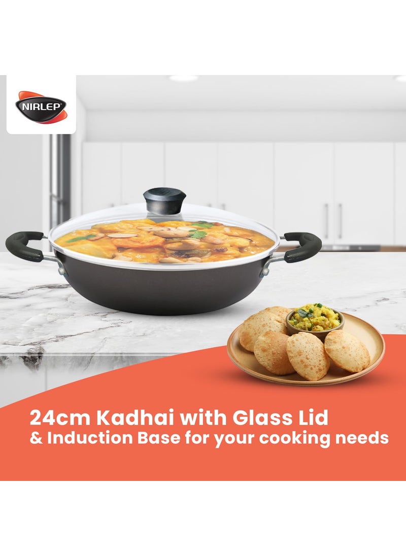 NIRLEP - NIRLEP Sakhi Kadhai 24 cm with Glass Lid| Non-Stick Kadhai| Induction Kadhai| Easy Grip Handle| 2-Layer PFOA| Easy to Clean| Black - Image 1