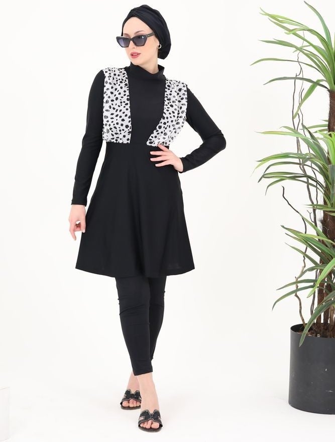 NS Tasarım Nalan Chiffon Detailed Dalmatian Pattern Design Hijab Two Piece Swimsuit Set  - Image 1