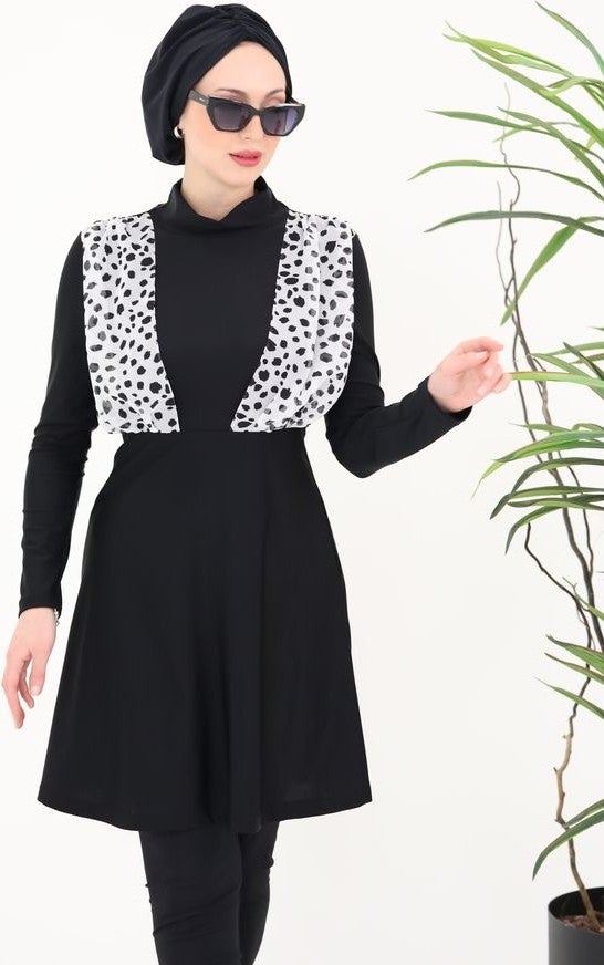 NS Tasarım Nalan Chiffon Detailed Dalmatian Pattern Design Hijab Two Piece Swimsuit Set  - Image 3