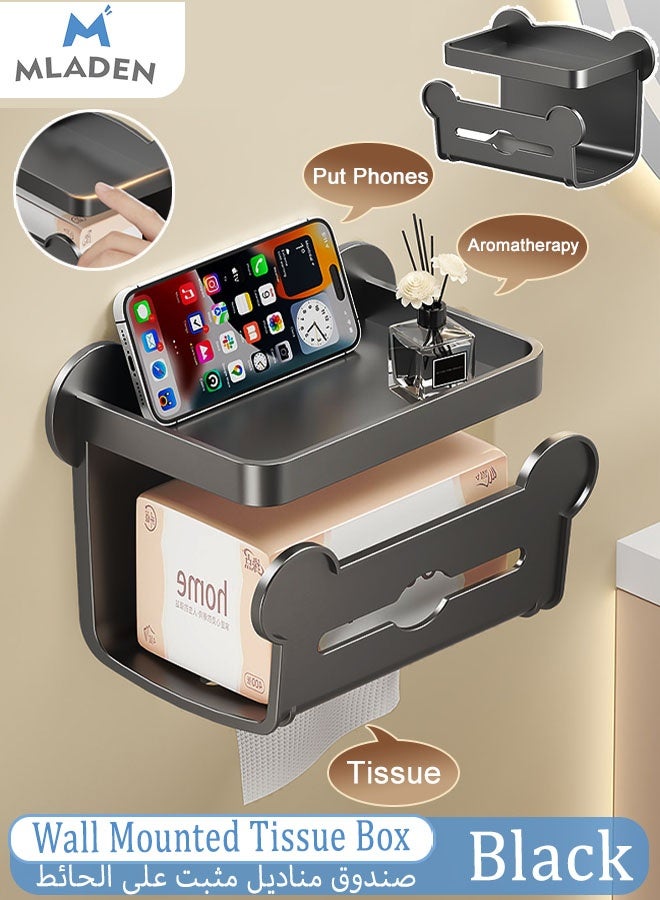 MLADEN Tissue Box For Bathroom, Wall Mounted Waterproof Toilet Paper Holder, Self Adhesive Tissue Dispenser Dryer Sheet Holder, Tissue Storage With Shelf, Phone Holder for Bathroom Kitchen Living Room Bedroom Office (Black) - Image 1