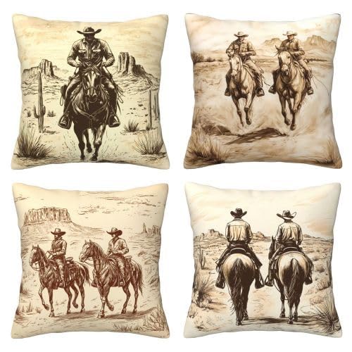 Worltoldb Throw Pillow Covers Set of 4 Decorative Soft Linen Fabric Square Cushion Case for Room Bedroom Sofa Car 18x18 (Western Cowboy, 18"x18") - Image 1