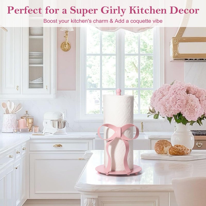 Shinlar Pink Bow Paper Towel Holder Coutertop - Bow Accent Paper Towel Holder, Pink Kitchen Decor and Accessories, Coquette Room Decor Girly Gifts for Women, 3D Handmade Pattern, Weighted Base - Image 5
