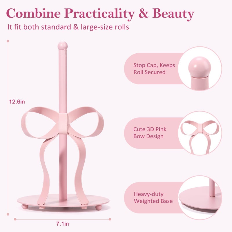 Shinlar Pink Bow Paper Towel Holder Coutertop - Bow Accent Paper Towel Holder, Pink Kitchen Decor and Accessories, Coquette Room Decor Girly Gifts for Women, 3D Handmade Pattern, Weighted Base - Image 2