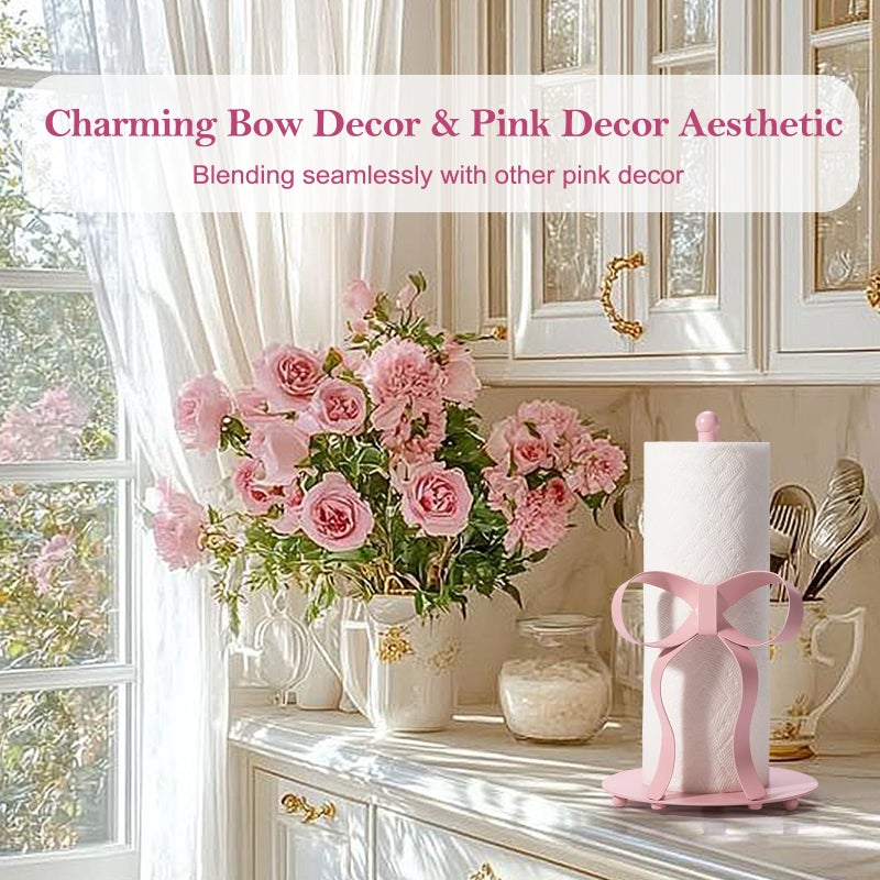 Shinlar Pink Bow Paper Towel Holder Coutertop - Bow Accent Paper Towel Holder, Pink Kitchen Decor and Accessories, Coquette Room Decor Girly Gifts for Women, 3D Handmade Pattern, Weighted Base - Image 3