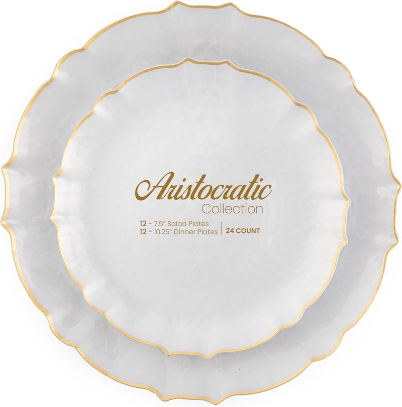 PLASTICPRO 24 Piece Aristocratic Combo Plastic Dinner Plates Disposable Plastic Fancy Heavy Duty Party Dishes 12, 7'' inch and 12, 10'' inch, Pearl White With Gold Rim - Image 1