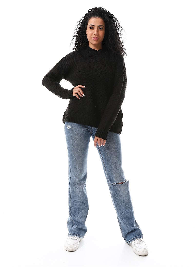 Andora Crew Neck Long Sleeves Knitted Pullover_ Black  - Image 1