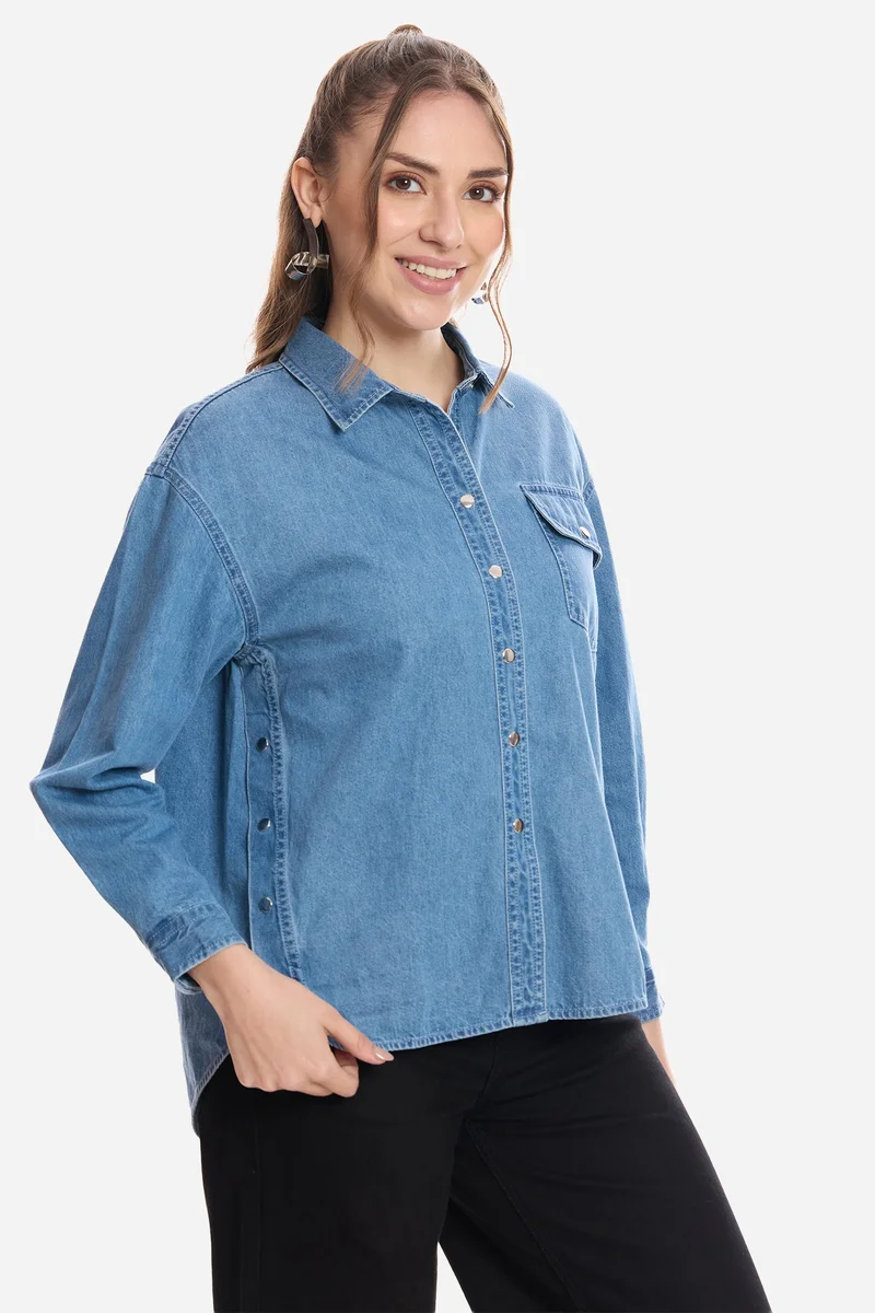 Virgio Solid Cotton Snap Detail Shirt for Women
