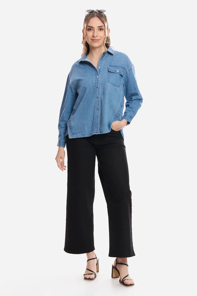 Virgio Solid Cotton Snap Detail Shirt for Women