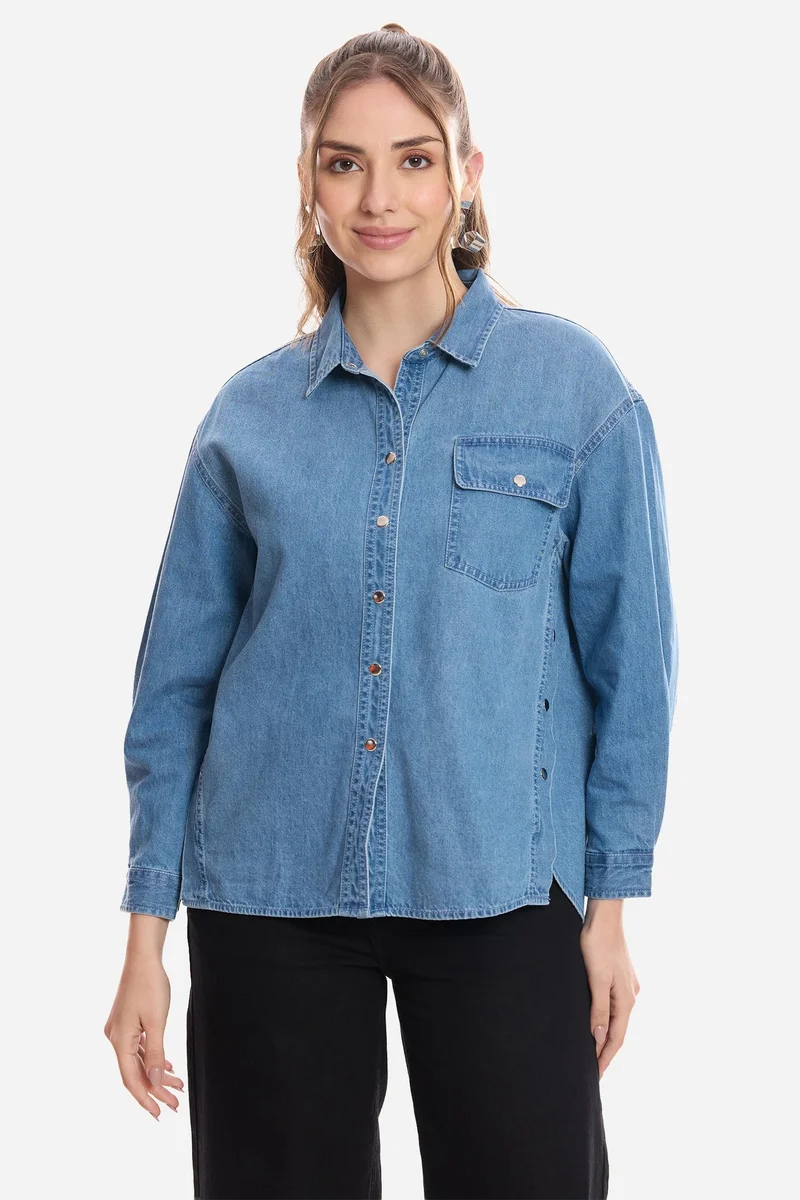 Virgio  Solid Cotton Snap Detail Shirt for Women for Women | Best Price UAE