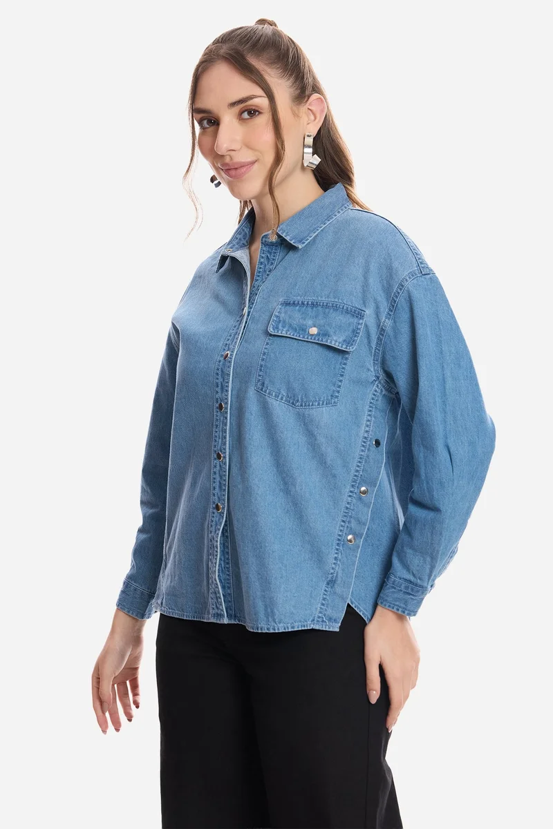 Virgio  Solid Cotton Snap Detail Shirt for Women for Women | Best Price UAE