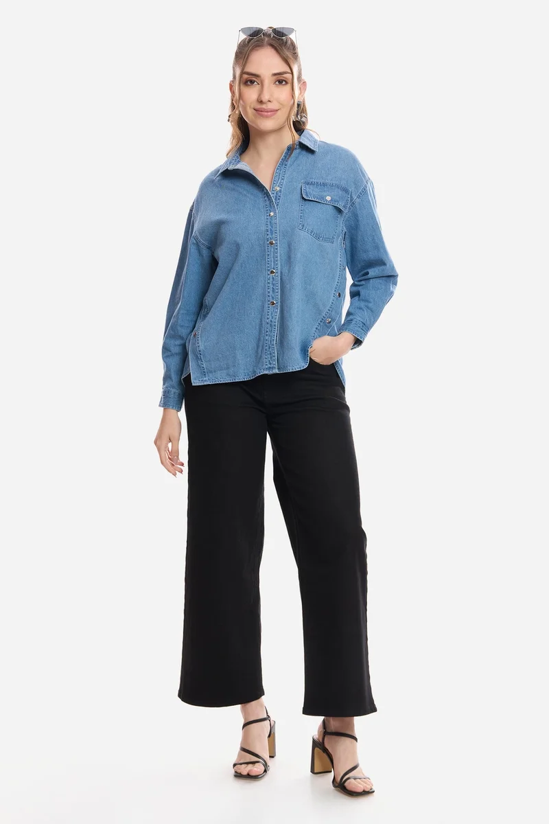 Virgio  Solid Cotton Snap Detail Shirt for Women for Women | Best Price UAE