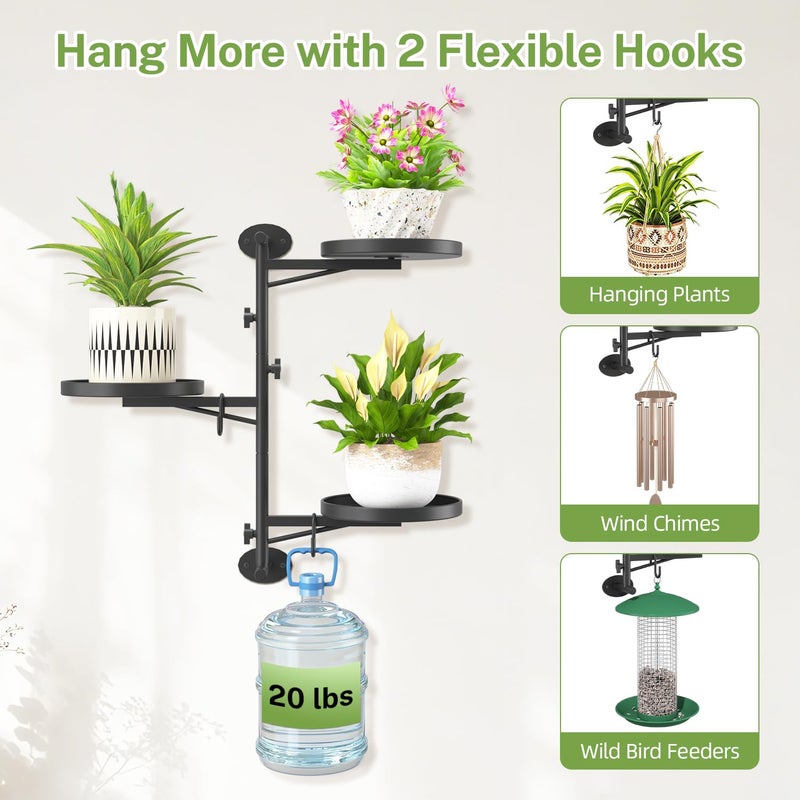 iDavosic.ly Rotating Window Plant Shelves, 3-Tier Metal Wall Stand with 2 Hooks, Flower Display Holder Rack for Living Room, Space Saving, Modern Black (Pots/Chains/Plants Not Included) - Image 4