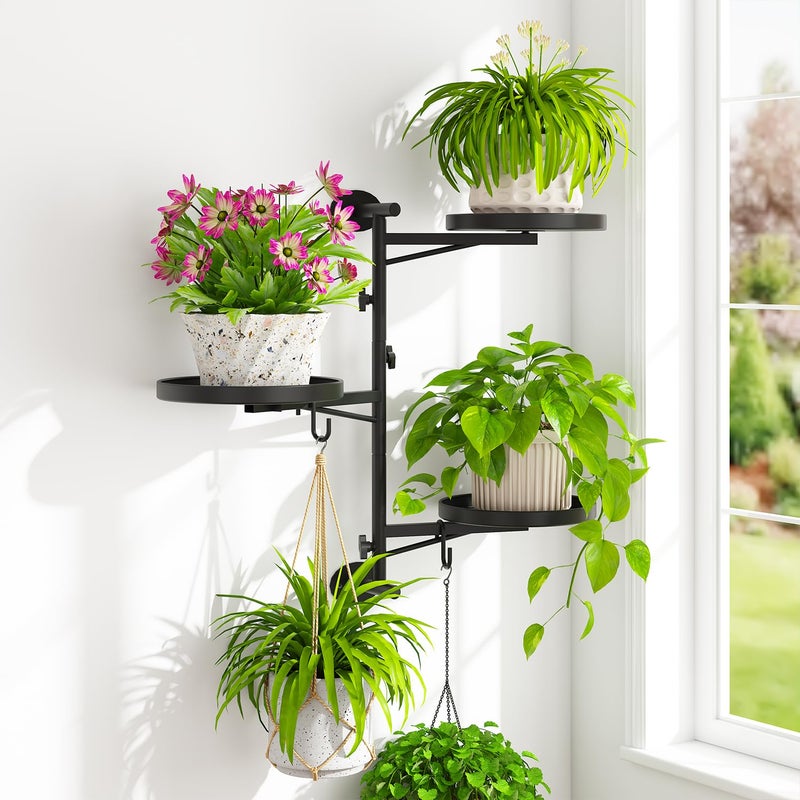 iDavosic.ly Rotating Window Plant Shelves, 3-Tier Metal Wall Stand with 2 Hooks, Flower Display Holder Rack for Living Room, Space Saving, Modern Black (Pots/Chains/Plants Not Included) - Image 1