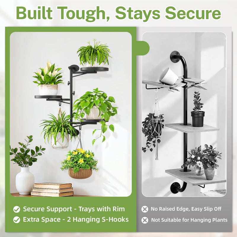iDavosic.ly Rotating Window Plant Shelves, 3-Tier Metal Wall Stand with 2 Hooks, Flower Display Holder Rack for Living Room, Space Saving, Modern Black (Pots/Chains/Plants Not Included) - Image 5