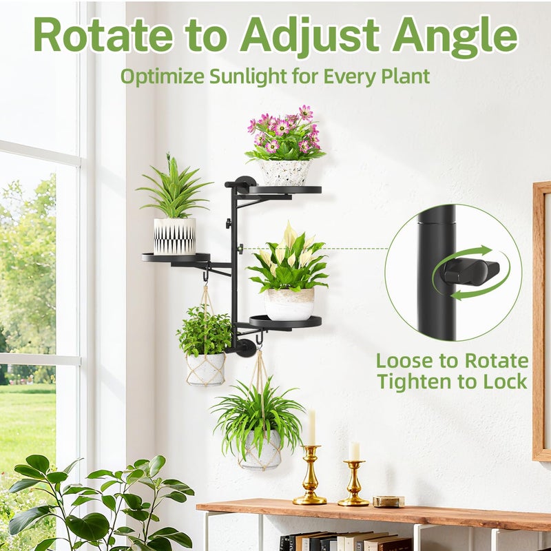 iDavosic.ly Rotating Window Plant Shelves, 3-Tier Metal Wall Stand with 2 Hooks, Flower Display Holder Rack for Living Room, Space Saving, Modern Black (Pots/Chains/Plants Not Included) - Image 2