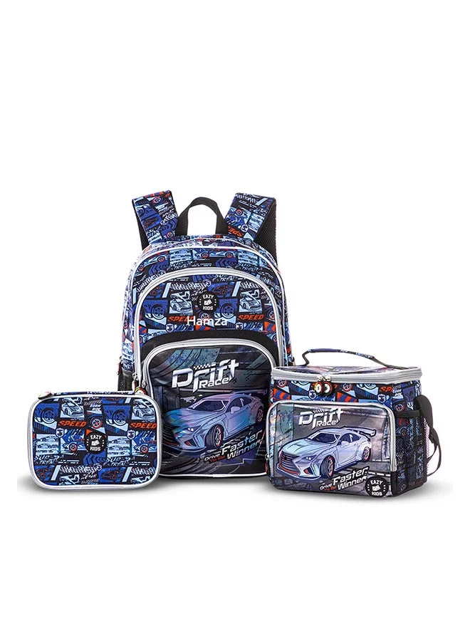 إيزي كيدز Eazy Kids - Personalized 18" Set of 3 Backpack w/Lunch Bag and Pencil Case - Car Racing