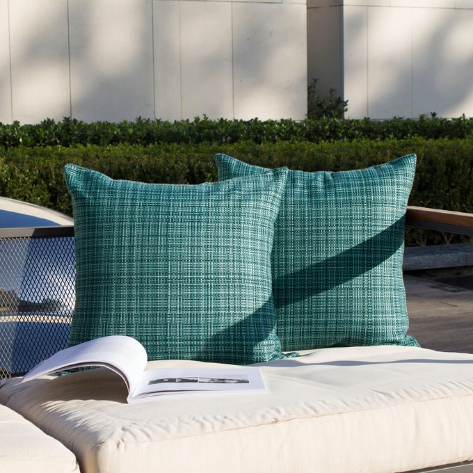 KEVIN TEXTILE PACK OF 2 DECORATIVE OUTDOOR WATERPROOF THROW PILLOW COVERS STRIPE SQUARE PILLOWCASES MODERN CUSHION CASES FOR PATIO COUCH BENCH 20 X 20 INCH TEAL