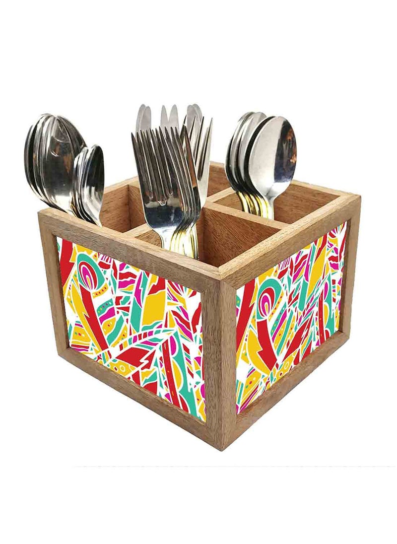 Nutcase Nutcase Wooden Cutlery Stand Holder Silverware Caddy Spoons Forks Knives Organizer for Dining Table Kitchen Made in IndiaSpoons NOT Included Rainbow Feathers  - Image 1