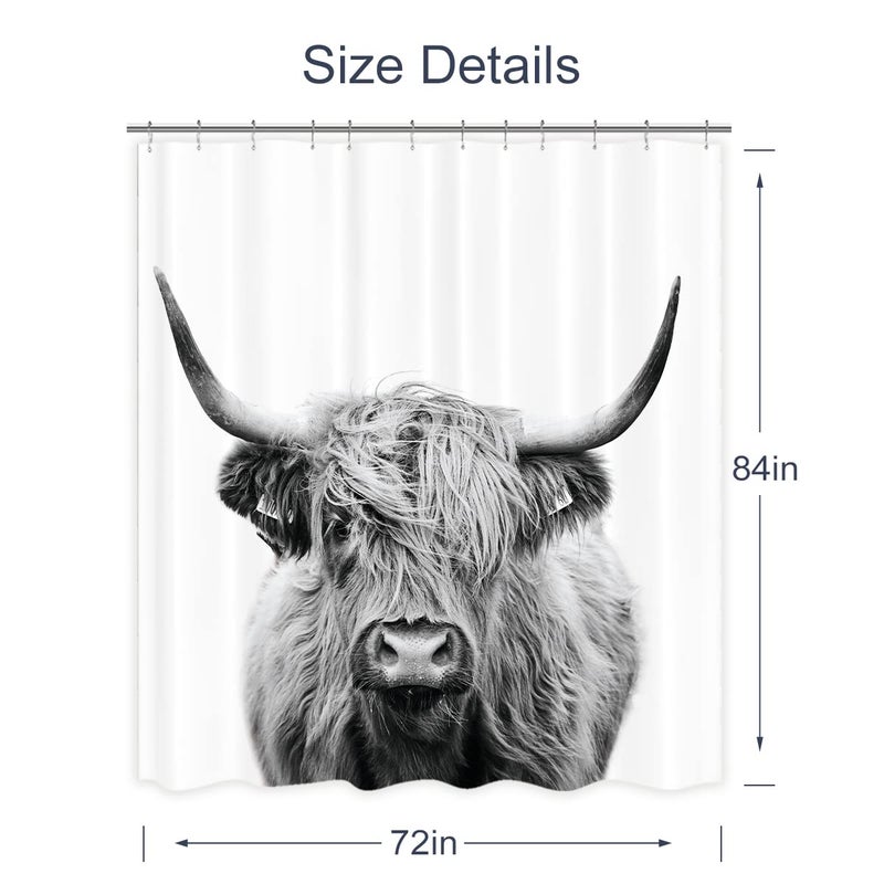 AMBZEK Highland Cow Shower Curtain 72Wx84L Inch Bull Western Country Farmhouse Cattle Animal Wildlife Extra Long Large Funny Cute Farm Gray White Art Fabric Bathroom Decor Set with 12 Pack Hooks - Image 4