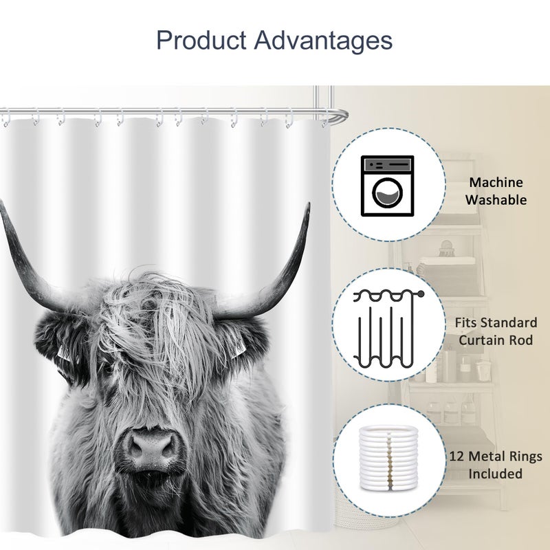 AMBZEK Highland Cow Shower Curtain 72Wx84L Inch Bull Western Country Farmhouse Cattle Animal Wildlife Extra Long Large Funny Cute Farm Gray White Art Fabric Bathroom Decor Set with 12 Pack Hooks - Image 3