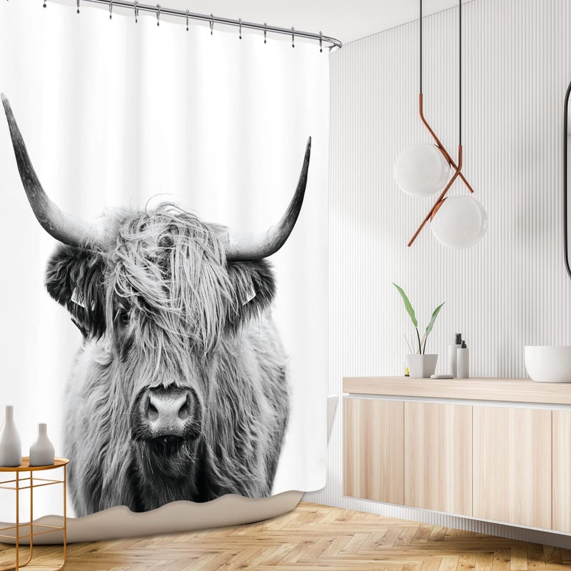 AMBZEK Highland Cow Shower Curtain 72Wx84L Inch Bull Western Country Farmhouse Cattle Animal Wildlife Extra Long Large Funny Cute Farm Gray White Art Fabric Bathroom Decor Set with 12 Pack Hooks - Image 2