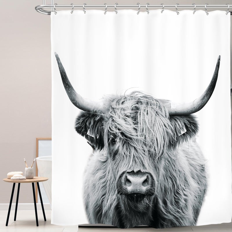 AMBZEK Highland Cow Shower Curtain 72Wx84L Inch Bull Western Country Farmhouse Cattle Animal Wildlife Extra Long Large Funny Cute Farm Gray White Art Fabric Bathroom Decor Set with 12 Pack Hooks - Image 1