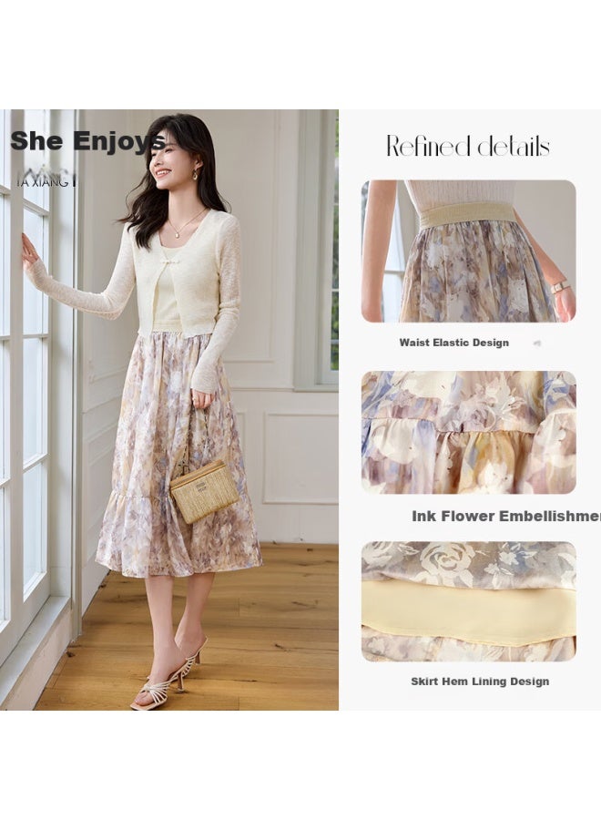 She enjoys Sheen Elastic Waist Comfortable Floral Skirt French A-line Skirt Spring Summer Elegant Mid-length Dress T51b063 - Image 1