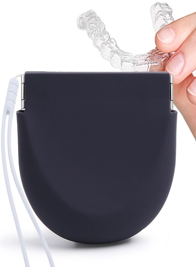 YNSHOUNA Retainer Case, Silicone Squeeze Top Retainer Holder with Lanyard, Slim Cute Aligner Case with Vent Holes, Portable Night Mouth Guard Container Denture Box for Travel (Black - Image 1