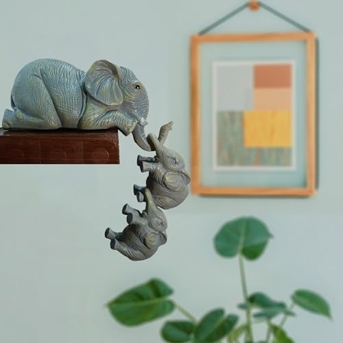 Mariner's Creation Premium Set of 3 Realistic Elephant Sitter Hand-Painted Figurines, Mother and Two Babies Hanging Off The Edge of A Shelf Or Table - Image 3
